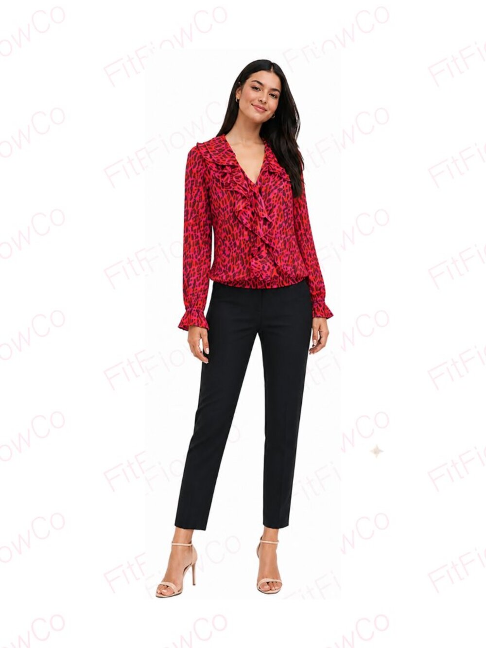 INC Ruffle Tie Neck Blouse Pink Brown Geometric Print Long Sleeve Size S